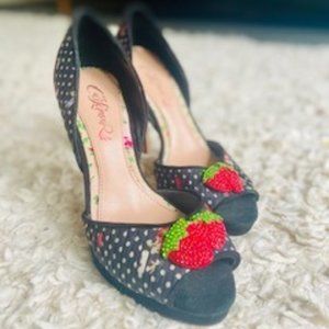 Cece Lamour Polka Dot Black & White Peep toe pumps with rhinestone strawberries